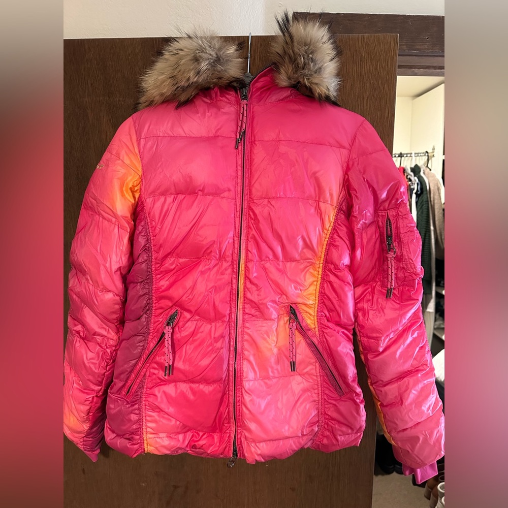Jet Set down ski jacket with removable fur hood. Size 1.